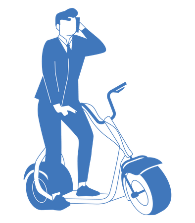 Homme d'affaires chevauchant un scooter électrique tout en parlant sur mobile  Illustration