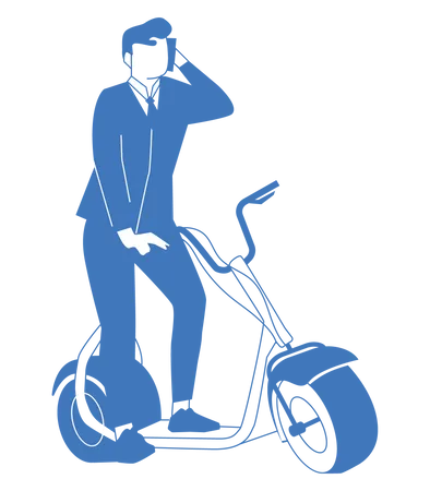 Homme d'affaires chevauchant un scooter électrique tout en parlant sur mobile  Illustration