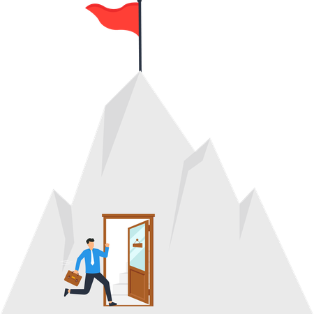 Un homme d'affaires escalade une montagne pour atteindre un drapeau  Illustration