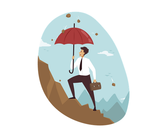 Homme d'affaires grimpant sur la montagne avec un parapluie  Illustration