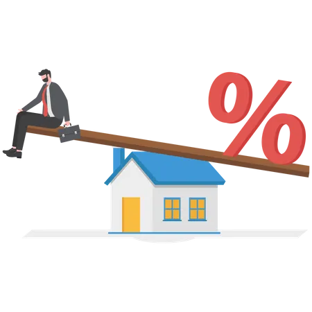 Homme d'affaires essayant d'équilibrer avec le pourcentage de taux d'intérêt hypothécaire sur la maison  Illustration