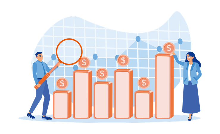 Homme d'affaires et assistant analysant les finances du bureau tout en recherchant des opportunités d'investissement commercial  Illustration