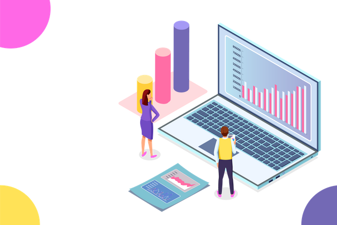 Homme d'affaires et femme avec des données analytiques pour le modèle de page de destination  Illustration