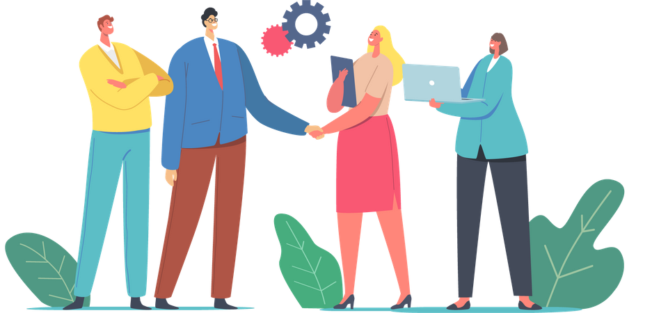 Homme d'affaires et femme d'affaires se serrant la main vendant des produits et des services  Illustration
