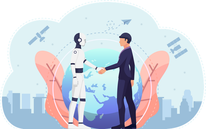 Homme d'affaires et robot IA se serrant la main  Illustration