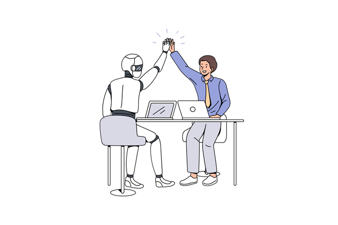 Homme d'affaires et robot donnant un high five  Illustration