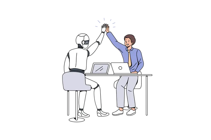 Homme d'affaires et robot donnant un high five  Illustration