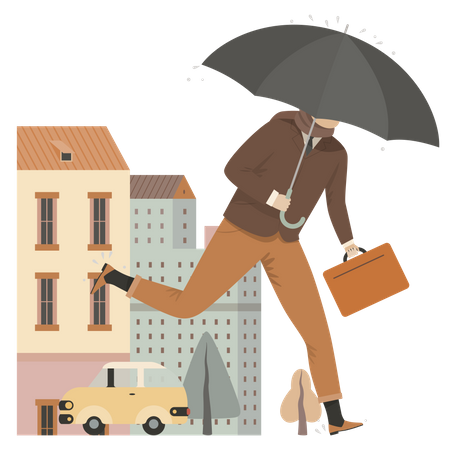 Homme d'affaires courant tenant un parapluie et une mallette  Illustration