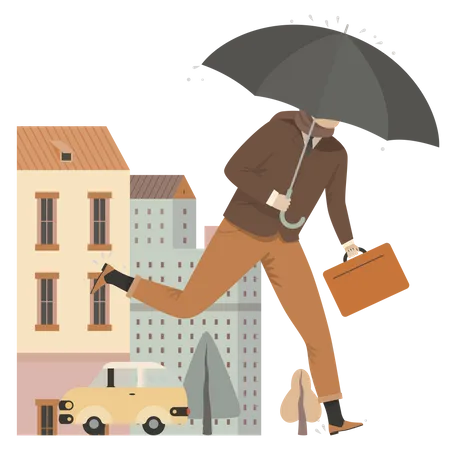 Homme d'affaires courant tenant un parapluie et une mallette  Illustration