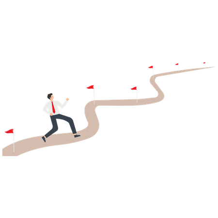 Homme d'affaires exécutant une ligne de flux de travail avec des jalons de drapeau de réussite  Illustration