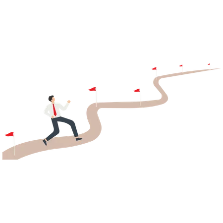 Homme d'affaires exécutant une ligne de flux de travail avec des jalons de drapeau de réussite  Illustration