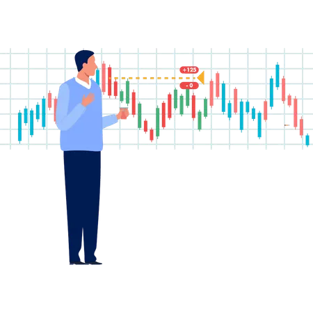 Homme d'affaires expliquant le graphique des transactions boursières  Illustration