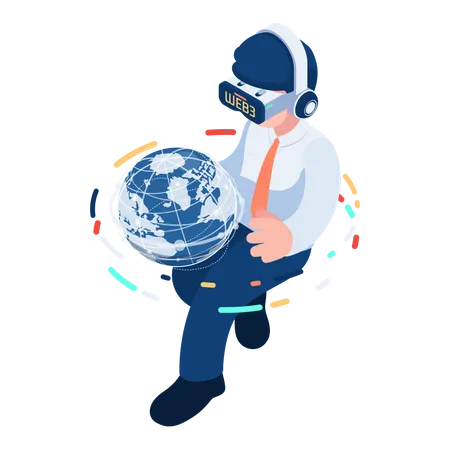 Homme Daffaires Isometrique 3 D Plat Avec Casque VR Tenant Le Globe Mondial Web 3 0 Technologie Web 3 0 Et Concept Blockchain Illustration
