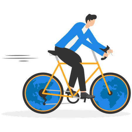 Un homme d'affaires fait du vélo avec des globes pour roues  Illustration