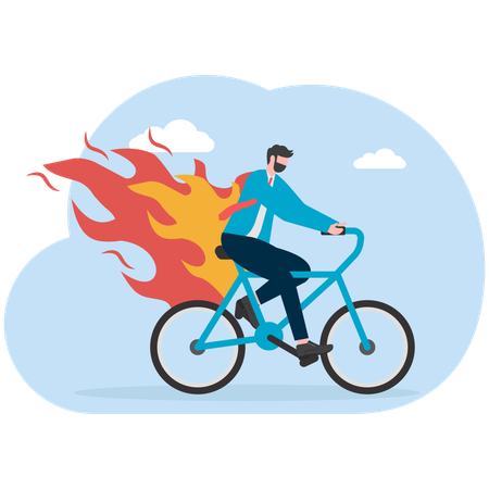 Homme d'affaires à vélo tandis que des flammes brûlent derrière lui  Illustration