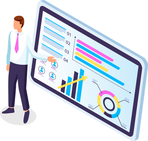 L'homme d'affaires fait une présentation d'un rapport statistique, d'un concept d'entreprise d'analyse et de planification  Illustration