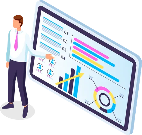 L'homme d'affaires fait une présentation d'un rapport statistique, d'un concept d'entreprise d'analyse et de planification  Illustration