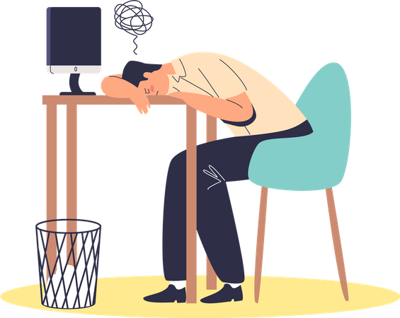 Homme d'affaires fatigué et épuisé allongé sur un bureau, surmené et débordé sur le lieu de travail  Illustration