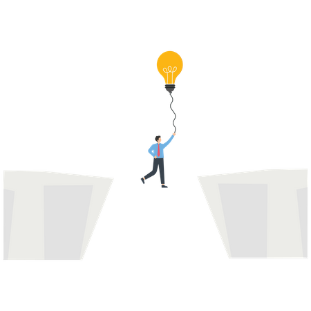 Homme d'affaires flottant entre une falaise par un ballon d'ampoule  Illustration