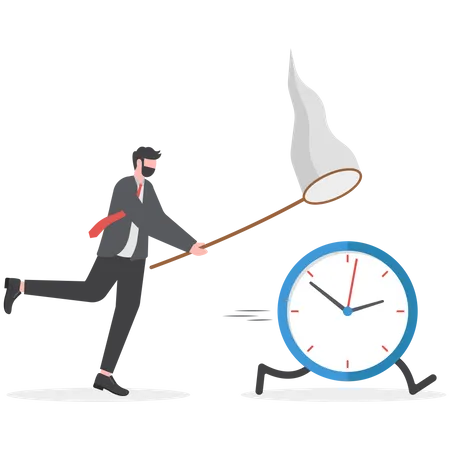 Un homme d'affaires frustré se dépêche de courir pour attraper un réveil et un chronomètre qui s'envolent  Illustration