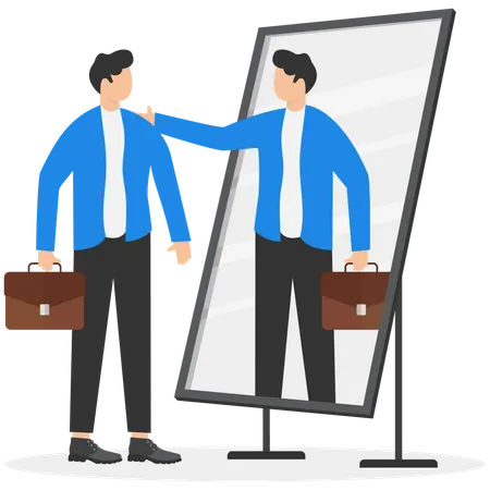 Un homme d'affaires frustré regardant un miroir avec son ombre encourage sa confiance  Illustration