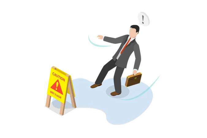 Homme d'affaires glissant et chute à Attention Wet Floor  Illustration