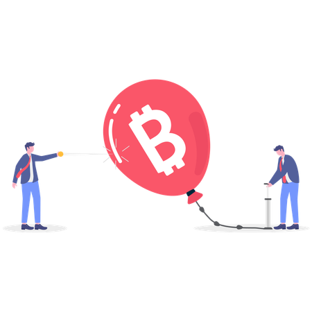 Un homme d'affaires remplit un ballon en bitcoins avec une pompe à air  Illustration