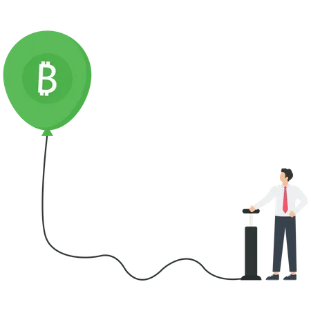 Un homme d'affaires gonfle un ballon symbole Bitcoin avec une pompe à vélo  Illustration