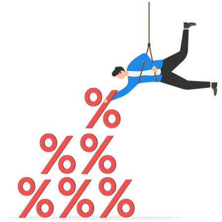 Homme d'affaires grimpant vers le haut de la pile de pourcentage signes métaphore de l'augmentation en pourcentage  Illustration