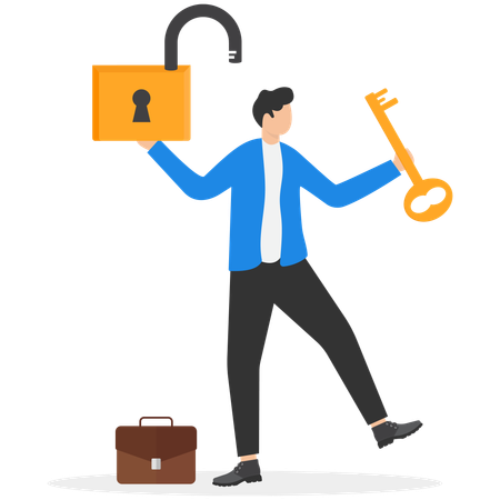 Homme d'affaires heureux avec un cadenas et une clé ouverts  Illustration