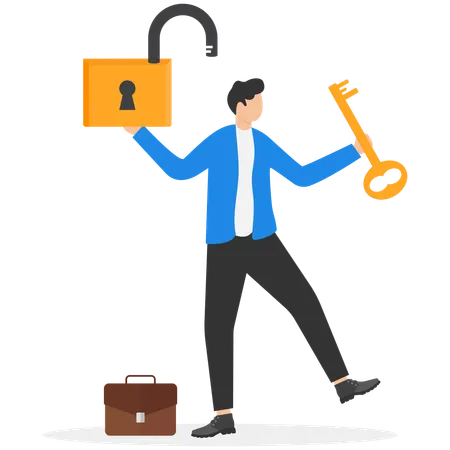 Homme d'affaires heureux avec un cadenas et une clé ouverts  Illustration