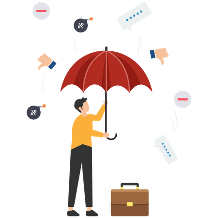 Un homme d'affaires tient un parapluie solide pour se protéger des commentaires négatifs  Illustration