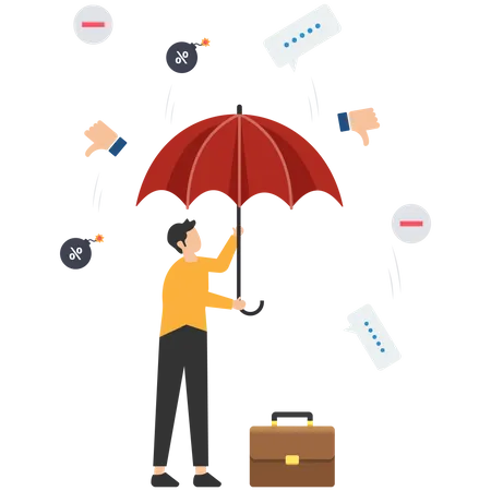 Un homme d'affaires tient un parapluie solide pour se protéger des commentaires négatifs  Illustration