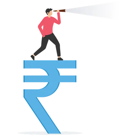 Homme d'affaires intelligent et confiant, debout sur un panneau d'argent en roupie, utilisant un télescope pour voir les prévisions futures  Illustration