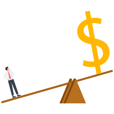 Un homme d'affaires intelligent se tient sur la balançoire pour augmenter le dollar  Illustration