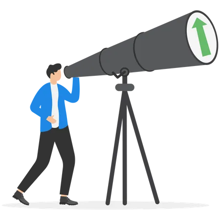 Un investisseur d'affaires intelligent regarde dans un énorme télescope pour voir un graphique vert s'élever  Illustration