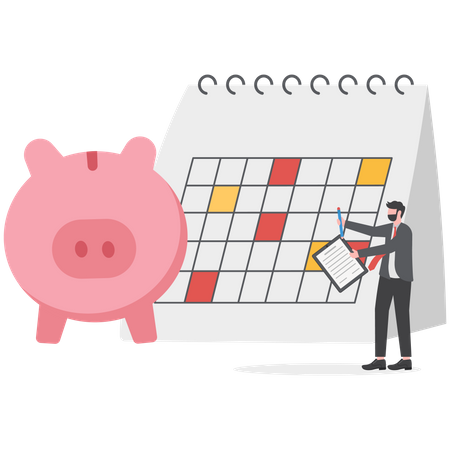 Un homme d'affaires intelligent planifie son budget mensuel avec un calendrier et une tirelire  Illustration