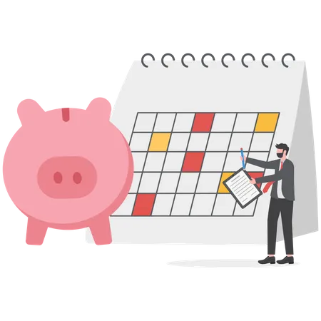 Un homme d'affaires intelligent planifie son budget mensuel avec un calendrier et une tirelire  Illustration