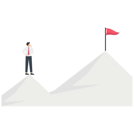 Homme d'affaires intelligent tenant un drapeau debout au sommet de la montagne et regardant vers une autre montagne plus élevée  Illustration