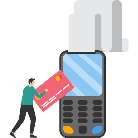 Homme d'affaires intelligent tenant une carte près du terminal de point de vente pour payer  Illustration