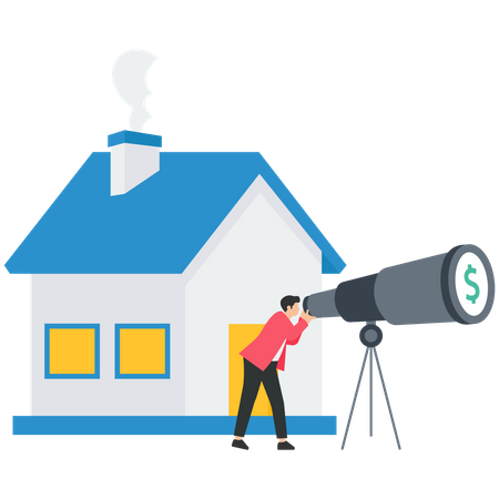 Investisseur d'affaires avec télescope pour voir la vision de la propriété immobilière  Illustration