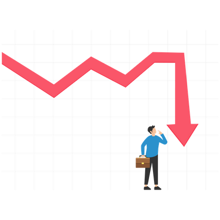 Homme d'affaires investisseur debout sur un graphique rouge tombant, recherchez le bas  Illustration