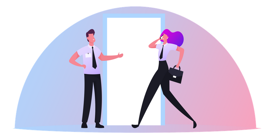 Un homme d'affaires invite une femme d'affaires à entrer dans la relation de bureau avant la porte  Illustration