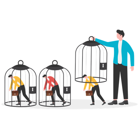 Un homme d'affaires libère un employé de sa cage  Illustration