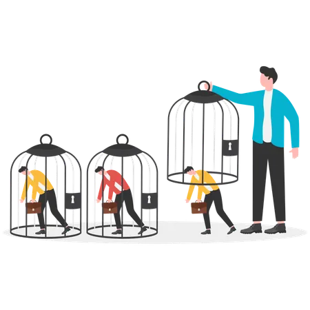 Un homme d'affaires libère un employé de sa cage  Illustration