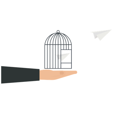 Un homme d'affaires libère un avion en papier d'une cage  Illustration
