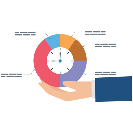 Main d'homme d'affaires tenant un diagramme circulaire avec horloge  Illustration