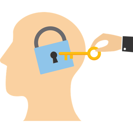 Main d'homme d'affaires tenant la clé secrète pour débloquer des idées sur la tête humaine  Illustration
