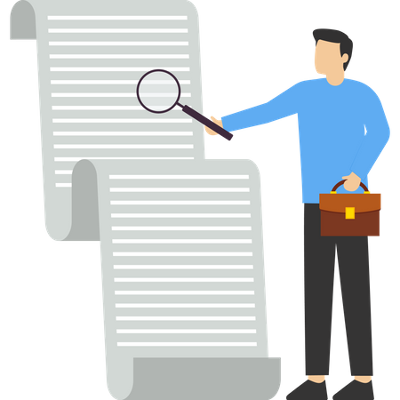 Businessman manager holding document papier vérification grande loupe  Illustration