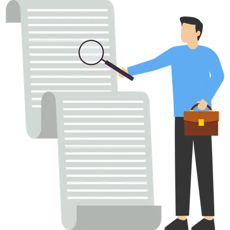 Businessman manager holding document papier vérification grande loupe  Illustration